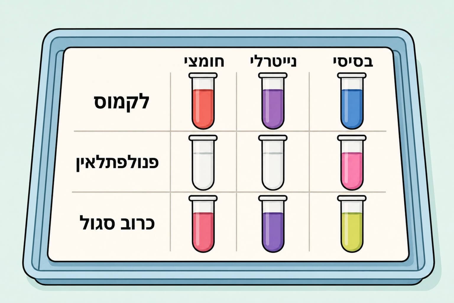 תמונה הממחישה טווחי צבע של לקמוס פנולפתלאין ומיצוי כרוב סגול