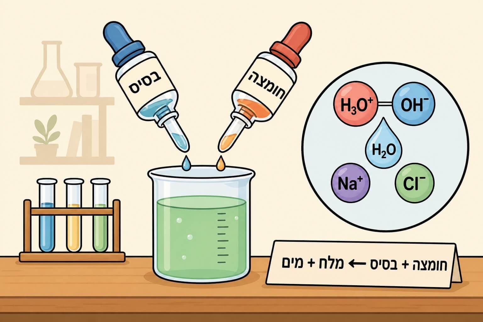 תמונה הממחישה תגובת סתירה שבה חומצה ובסיס יוצרים מלח ומים