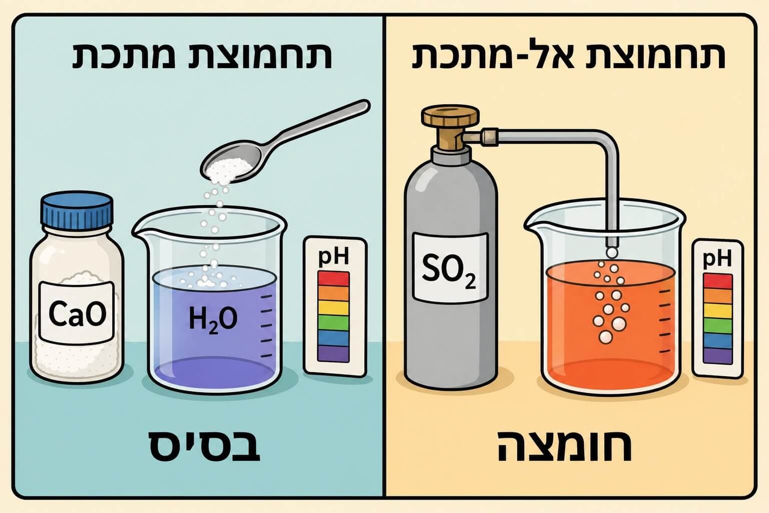 תמונה הממחישה כיצד תחמוצות אל-מתכות יוצרות חומצות ותחמוצות מתכות יוצרות בסיסים במים