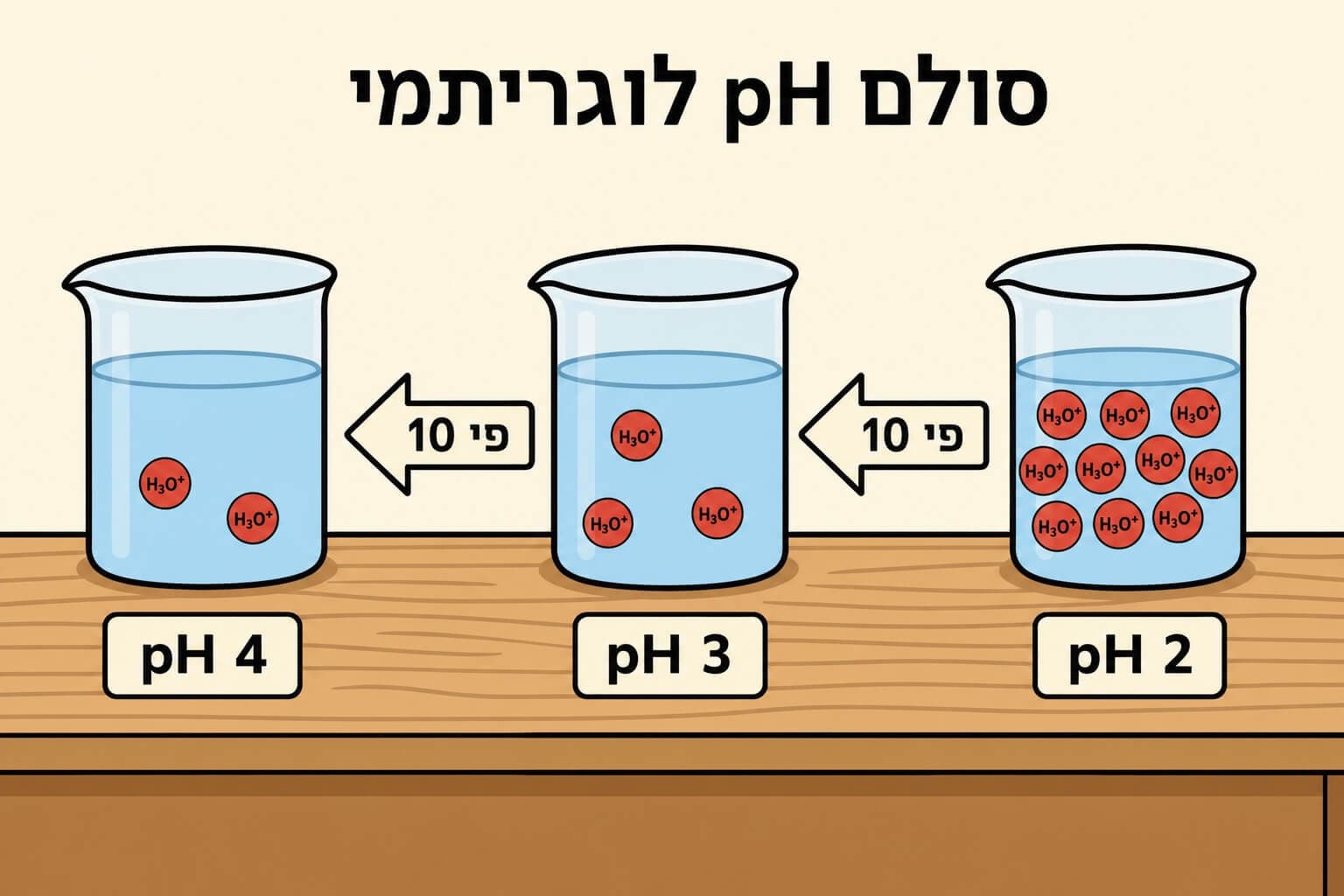 תמונה הממחישה את האופי הלוגריתמי של סולם ה-pH בעזרת שלוש כוסות עם ריכוזי הידרוניום שונים