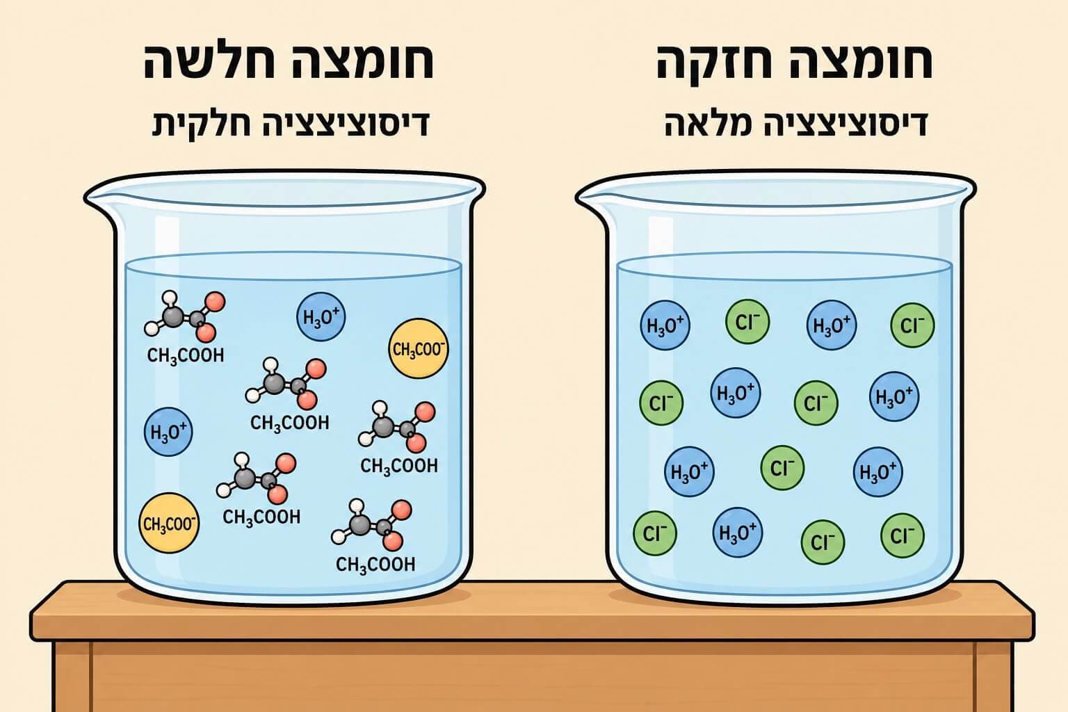 תמונה הממחישה את ההבדל בין דיסוציאציה מלאה לדיסוציאציה חלקית בחומצות