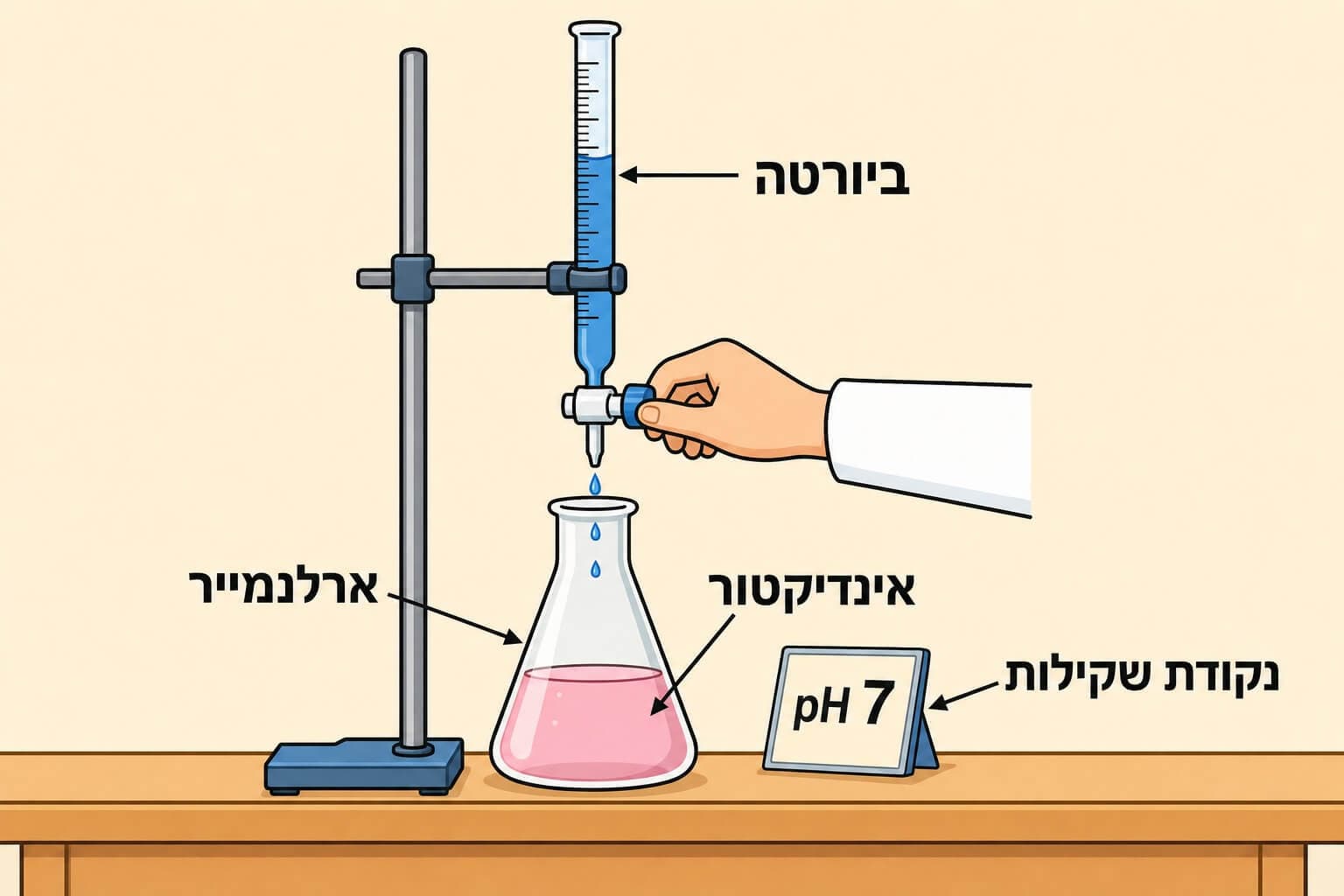 תמונה הממחישה מערכת טיטרציה עם ביורטה ארלנמייר אינדיקטור ונקודת שקילות