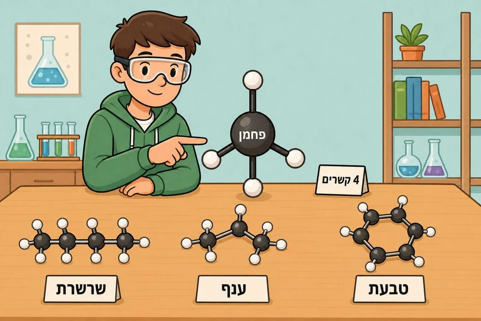תמונה הממחישה את יכולת אטום הפחמן ליצור ארבעה קשרים ושלדים פחמניים מגוונים