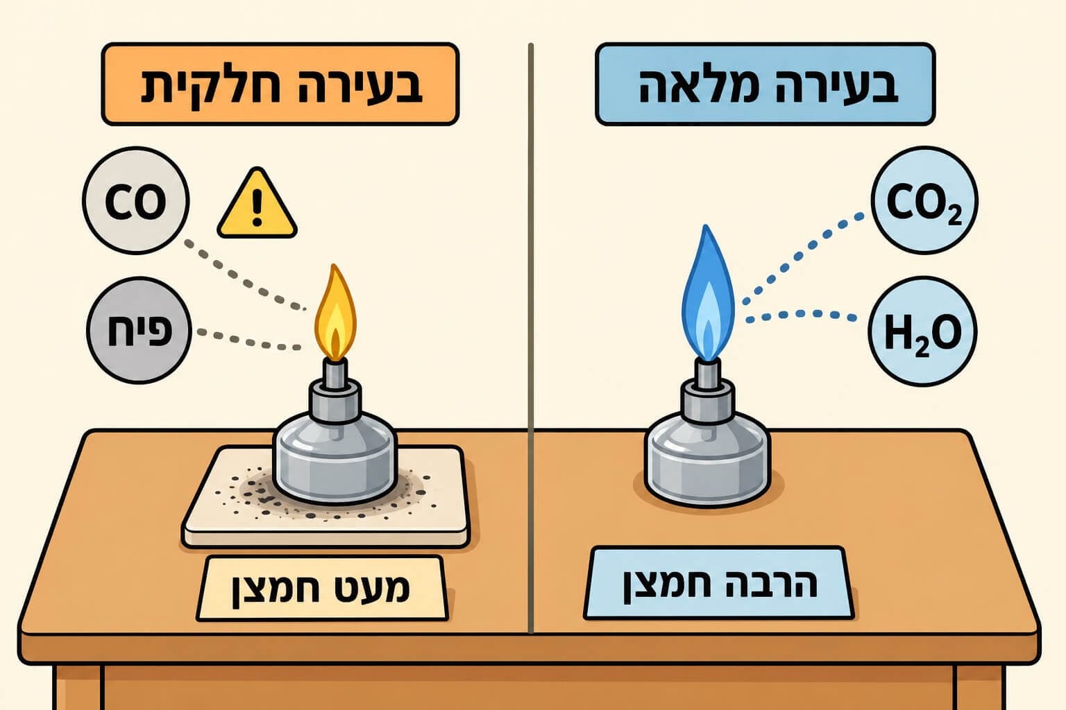 תמונה הממחישה את ההבדל בין בעירה מלאה לבעירה חלקית של פחמימנים