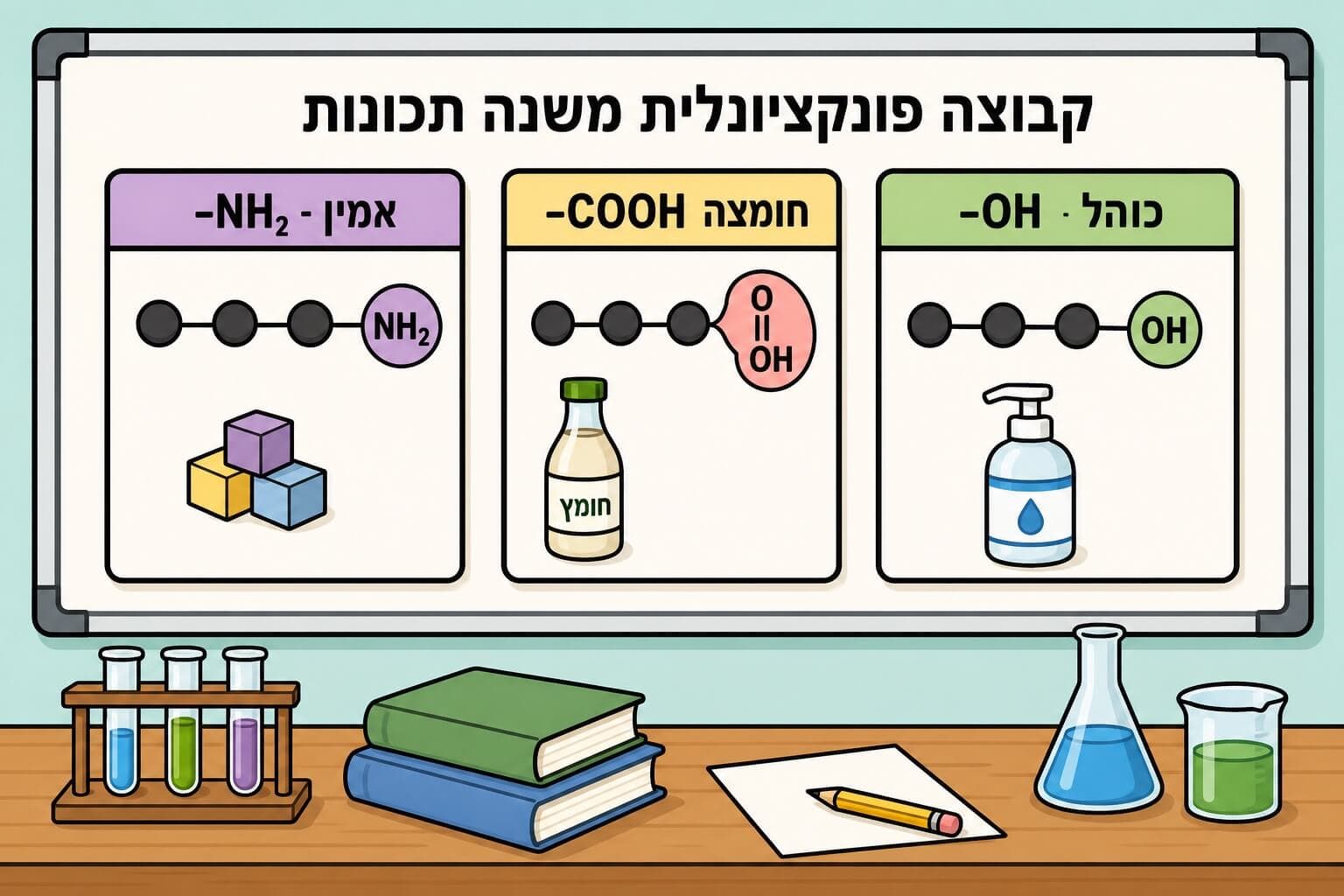 תמונה הממחישה כיצד קבוצות פונקציונליות משנות את תכונות התרכובת האורגנית