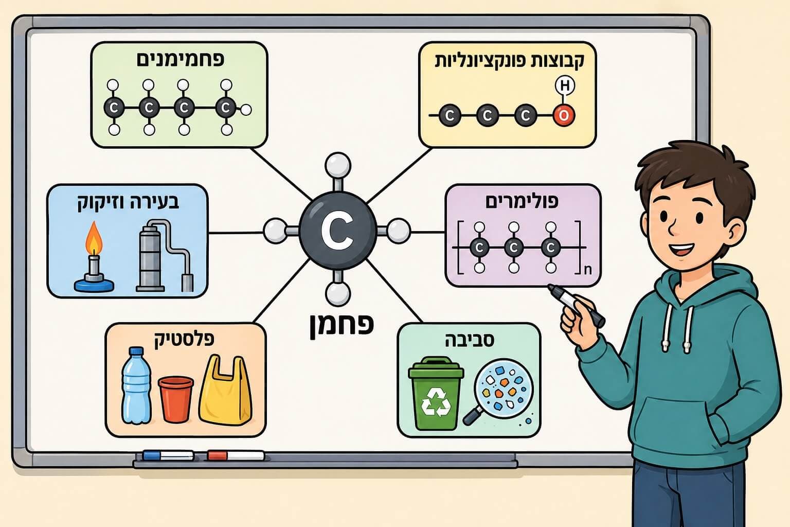 תמונה הממחישה מפת סיכום של כימיה אורגנית בפרק הפחמן ותרכובותיו