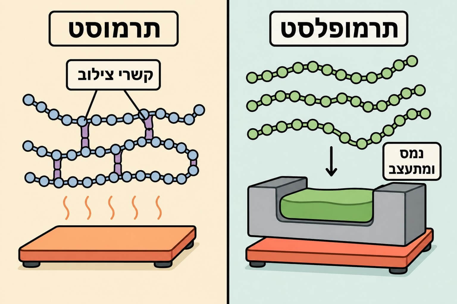 תמונה הממחישה את ההבדל בין תרמופלסט לתרמוסט בעת חימום