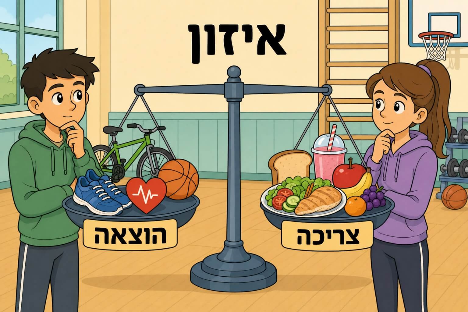 תמונה הממחישה מאזן אנרגטי בין צריכת מזון לבין הוצאת אנרגיה בפעילות