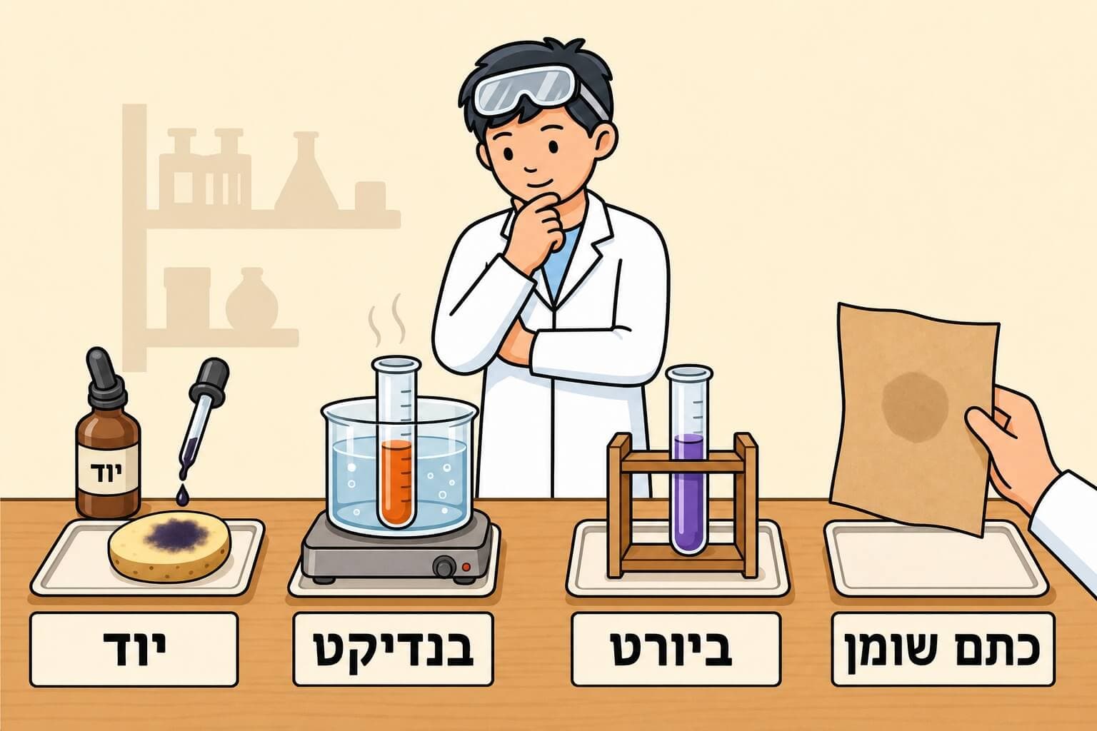 תמונה הממחישה ארבעה ניסויים לזיהוי מרכיבי מזון בעזרת יוד בנדיקט ביורט וכתם שומן