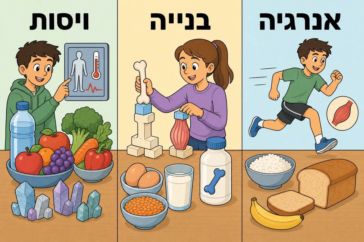 תמונה הממחישה את שלושת תפקידי המזון בגוף בעזרת מזונות לאנרגיה לבנייה ולוויסות