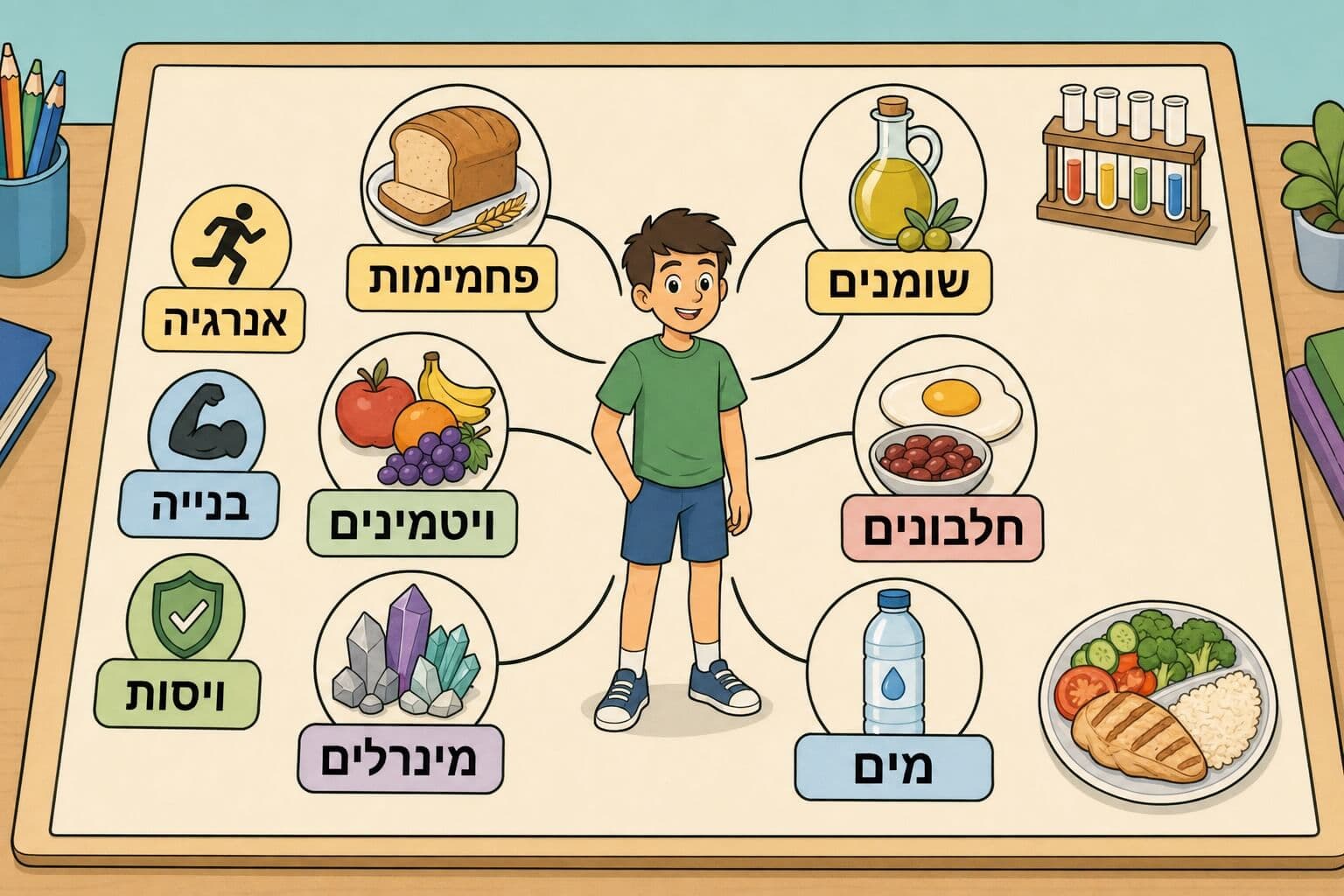 תמונה הממחישה מפת מושגים של מרכיבי המזון תפקידיהם זיהוים ותזונה מאוזנת