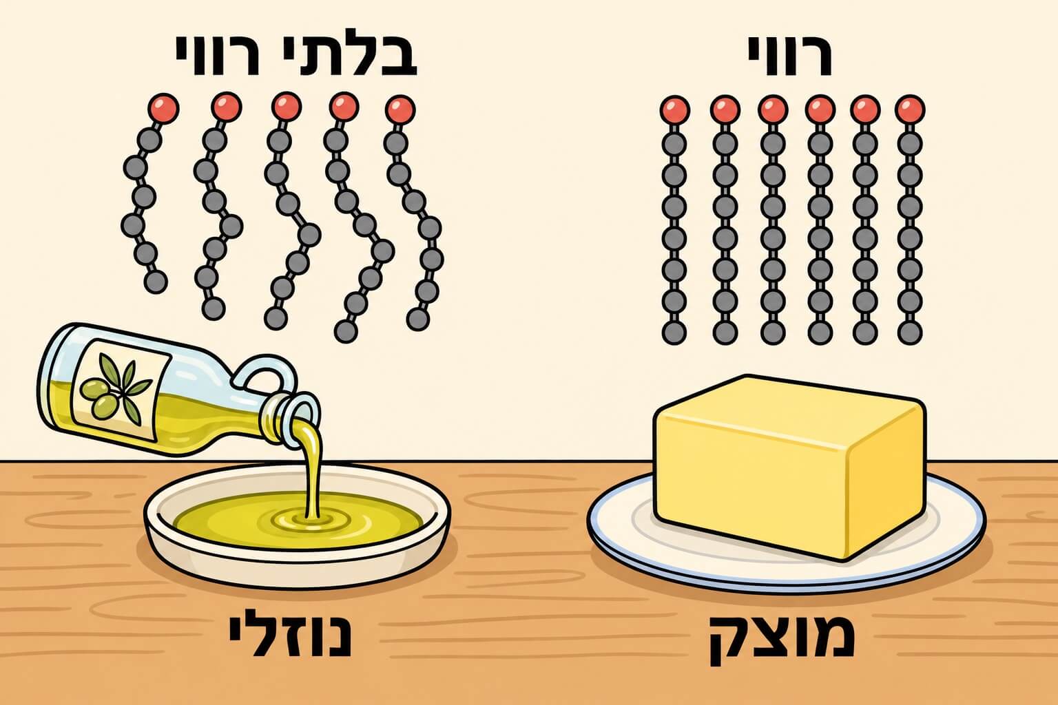 תמונה הממחישה שומן רווי מול שומן בלתי רווי בעזרת שרשראות ישרות ומכופפות