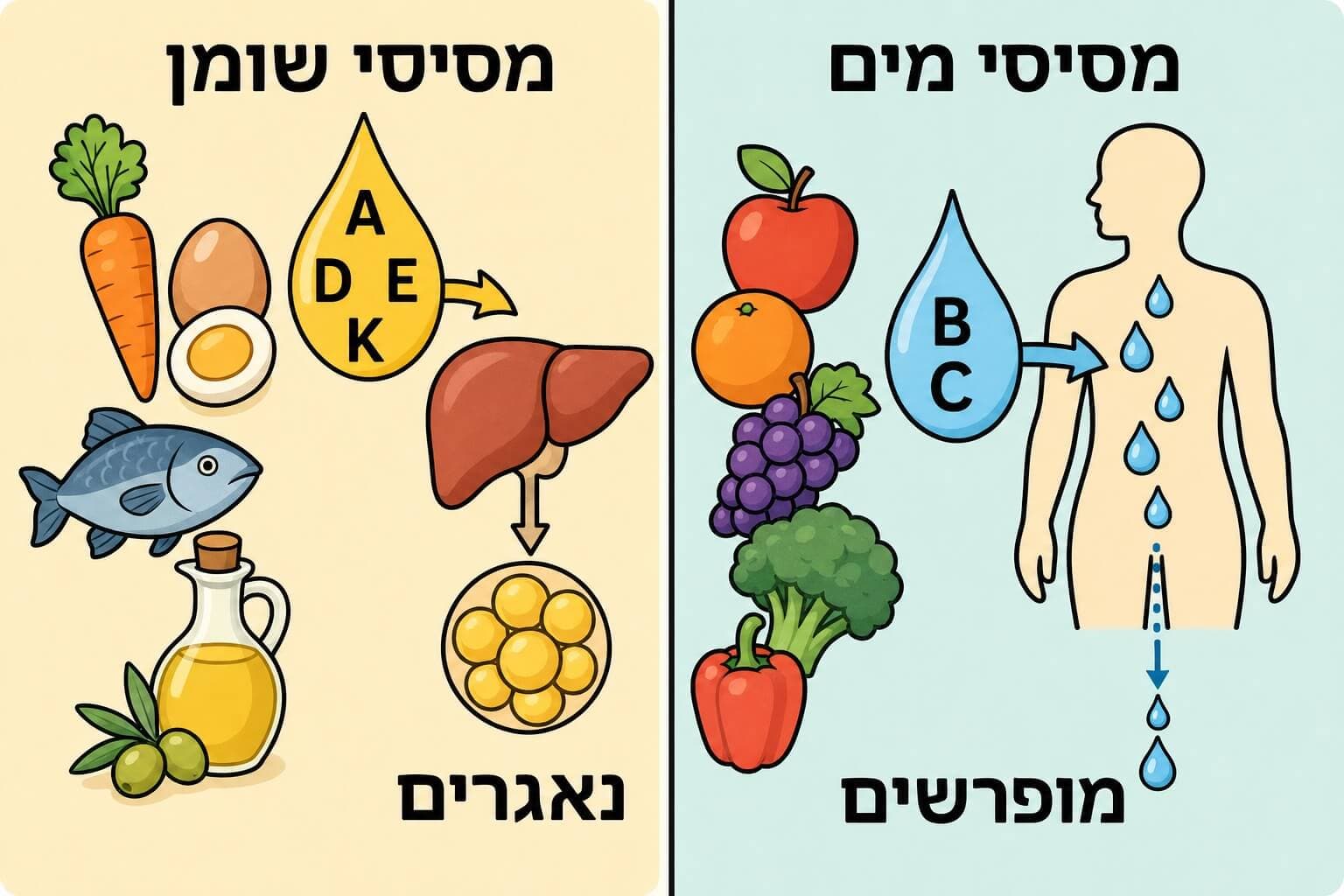 תמונה הממחישה ויטמינים מסיסי מים לעומת ויטמינים מסיסי שומן וספיגתם בגוף