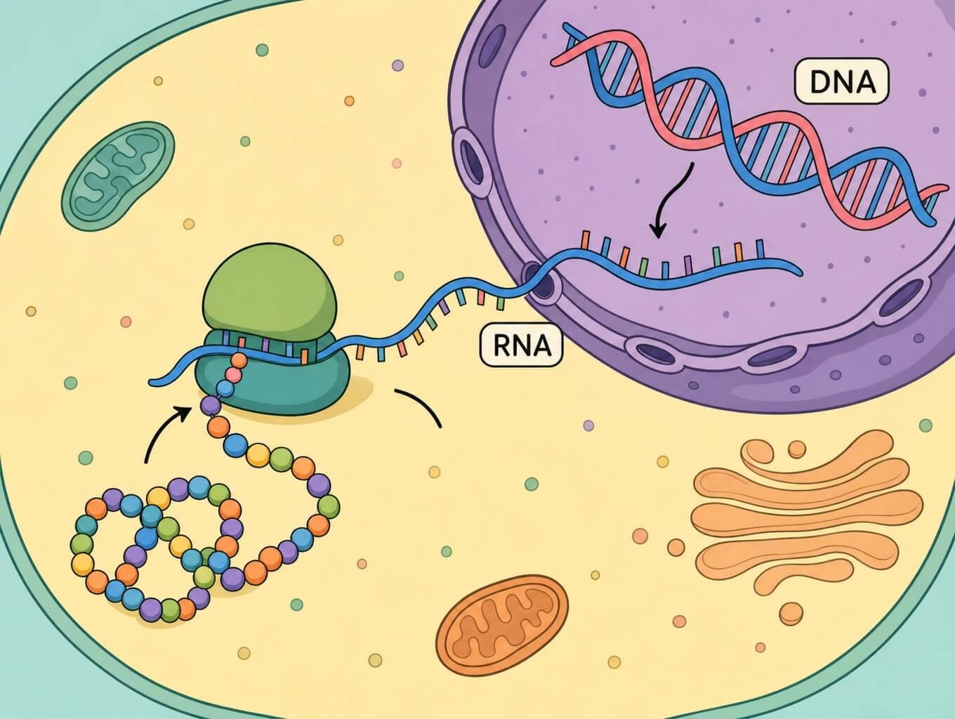 תמונה הממחישה מעבר מידע מ-DNA בגרעין דרך RNA אל ריבוזום שמרכיב חלבון