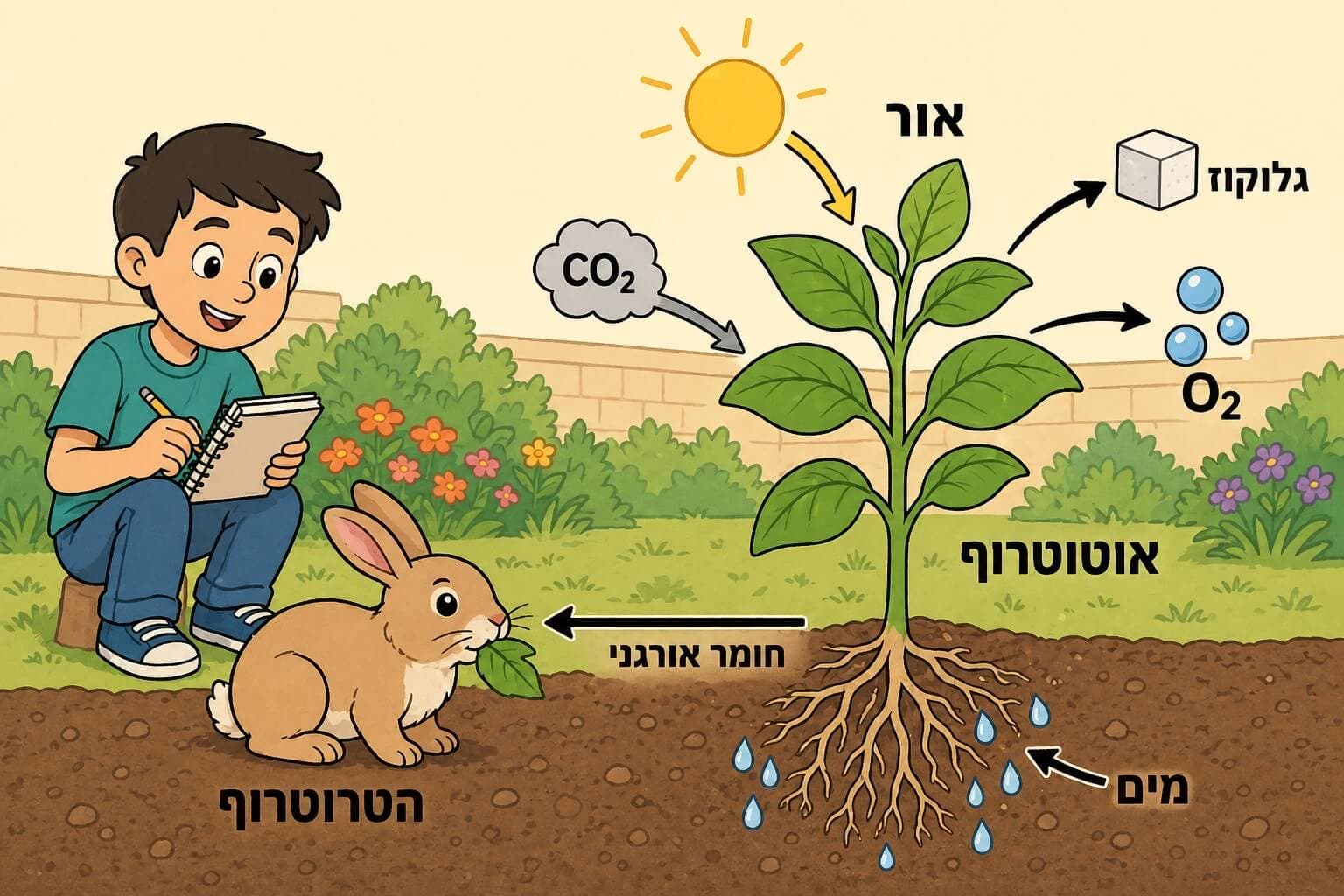 תמונה הממחישה את ההבדל בין הזנה אוטוטרופית להזנה הטרוטרופית בעזרת צמח וצרכן