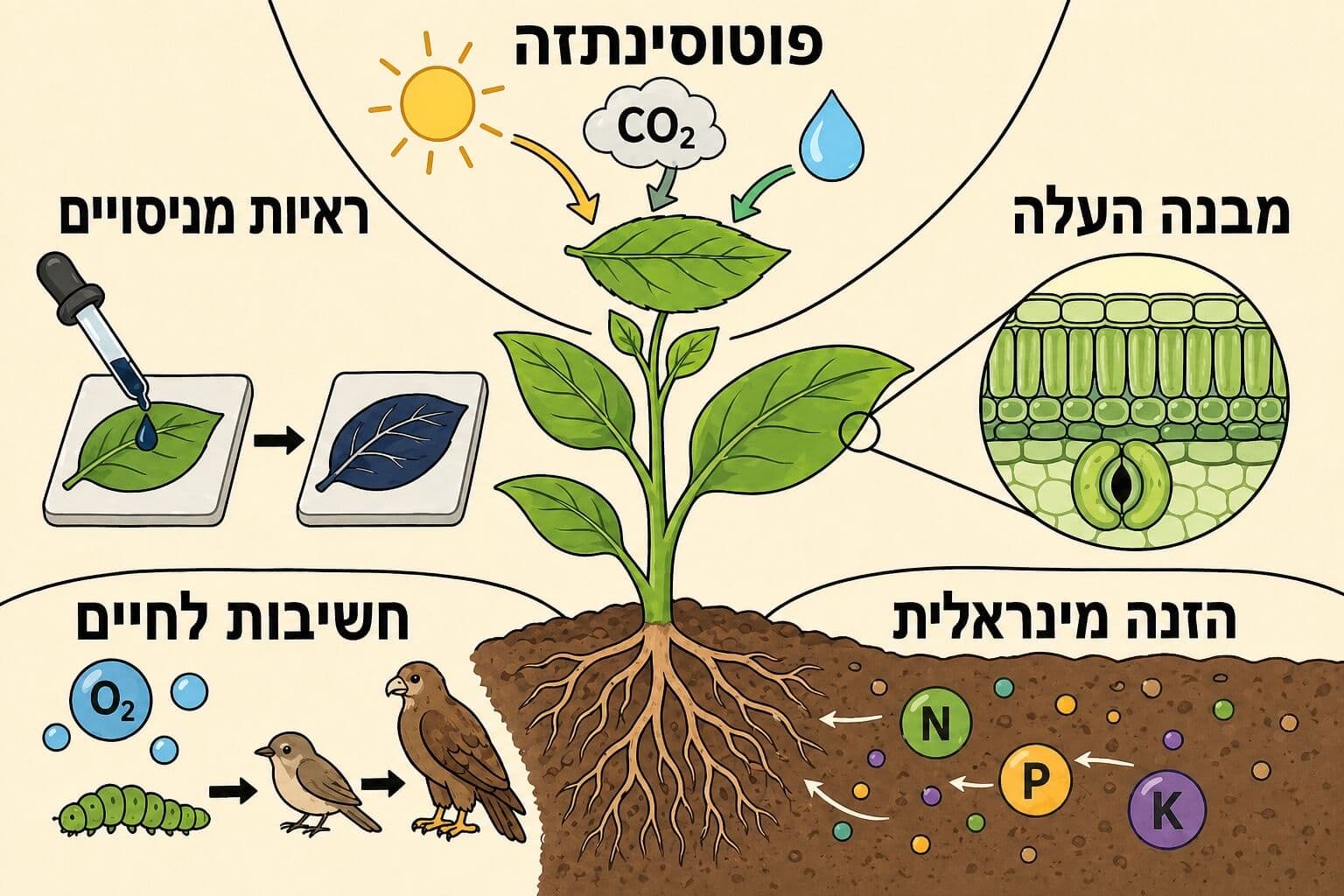 תמונה הממחישה מפת מושגים של הזנה בצמחים עם פוטוסינתזה מבנה העלה מינרלים וניסויים