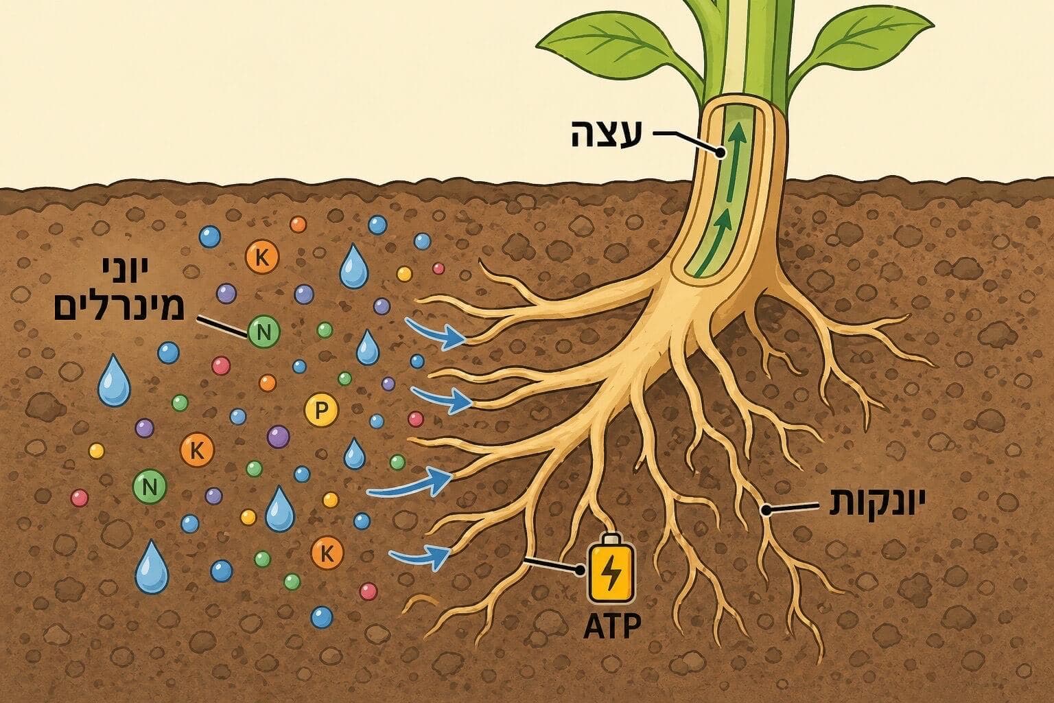 תמונה הממחישה קליטת יוני מינרלים דרך יונקות השורש מתוך מי הקרקע