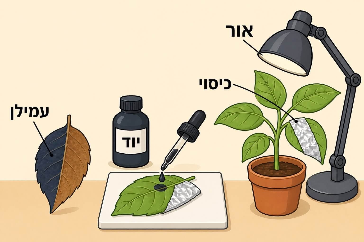 תמונה הממחישה ניסוי עמילן בעלה שבו רק החלק שקיבל אור נצבע בכחול שחור עם יוד