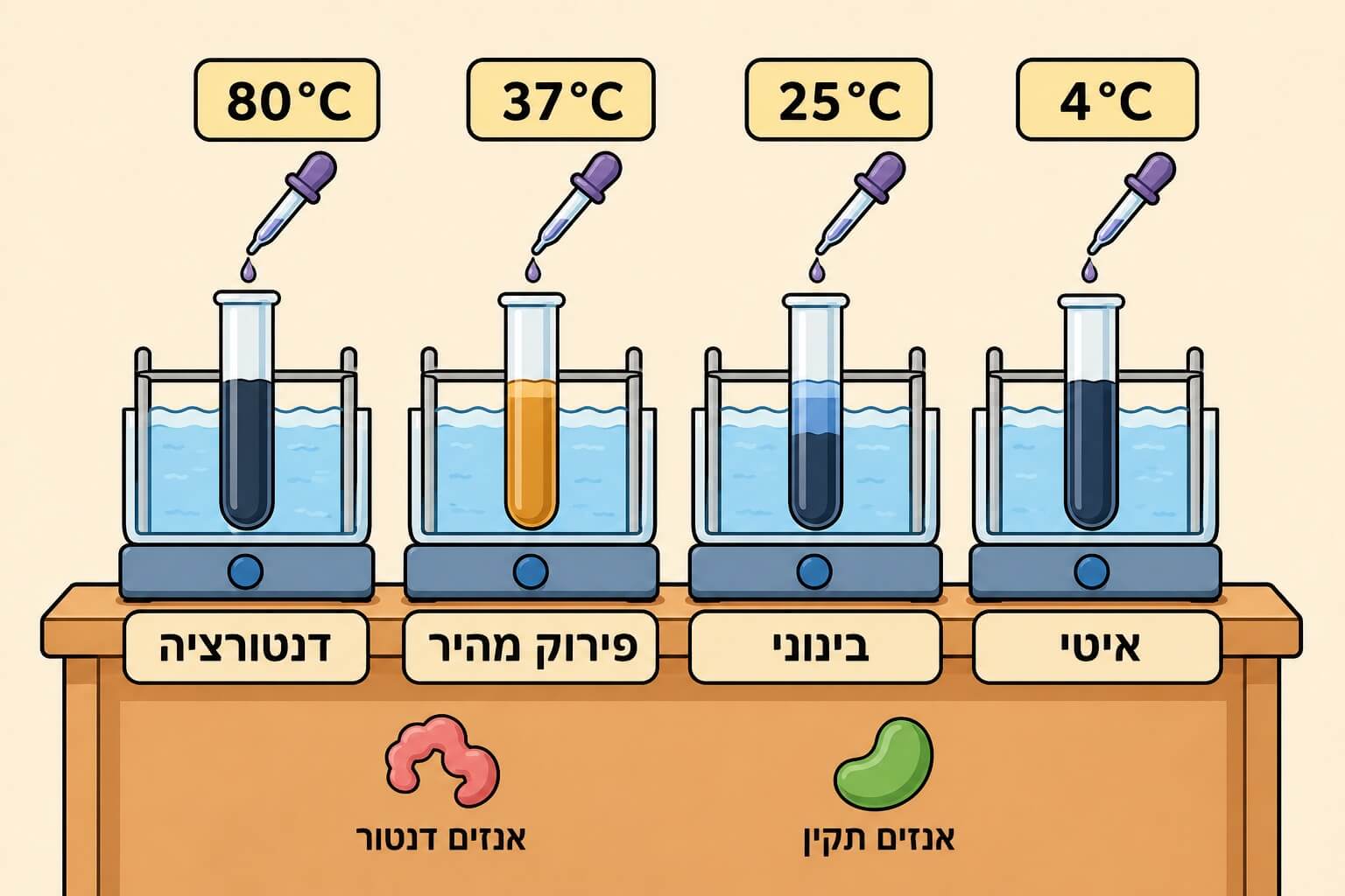 תמונה הממחישה את ניסוי העמילאז שבו טמפרטורה משפיעה על פירוק עמילן