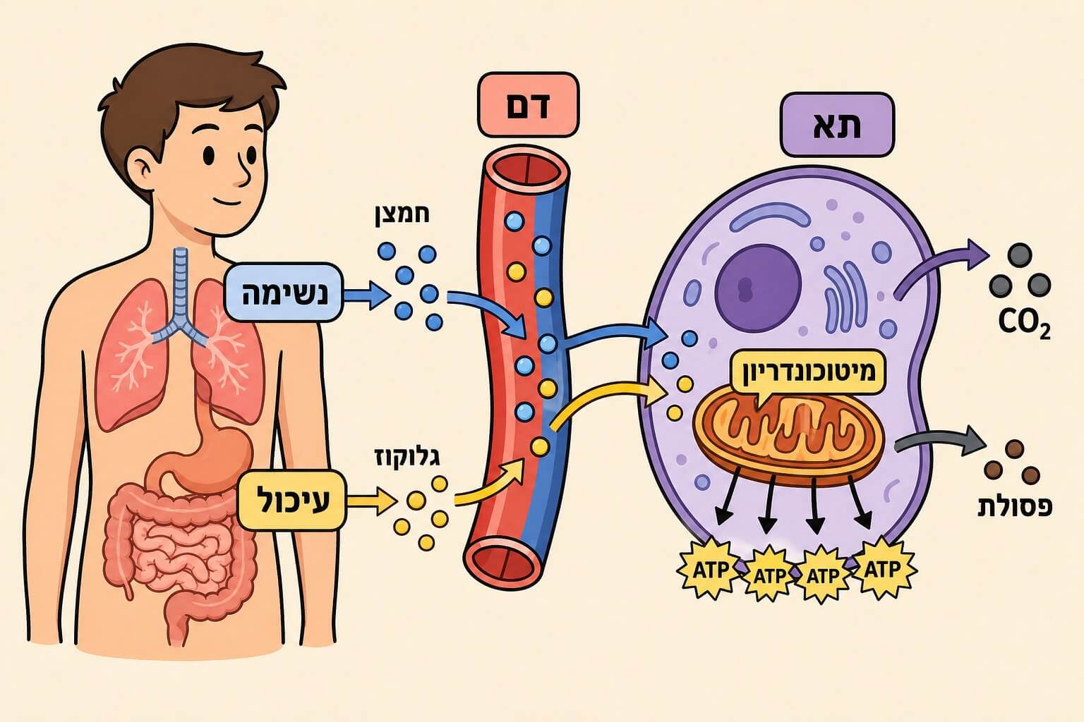 תמונה הממחישה את שיתוף הפעולה בין עיכול נשימה דם ותאים לייצור ATP