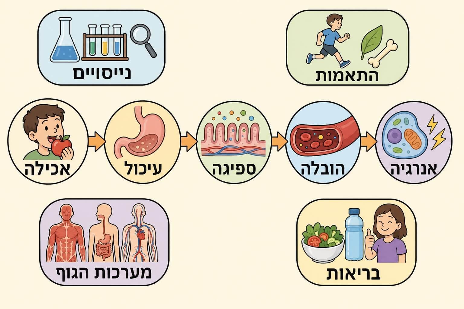 תמונה הממחישה את מפת הסיכום של הזנה עיכול ספיגה הובלה אנרגיה ובריאות
