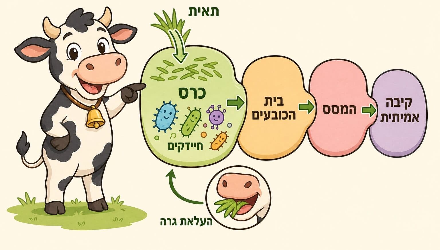 תמונה הממחישה את התאמות מערכת העיכול של פרה לפירוק תאית בעזרת חיידקים