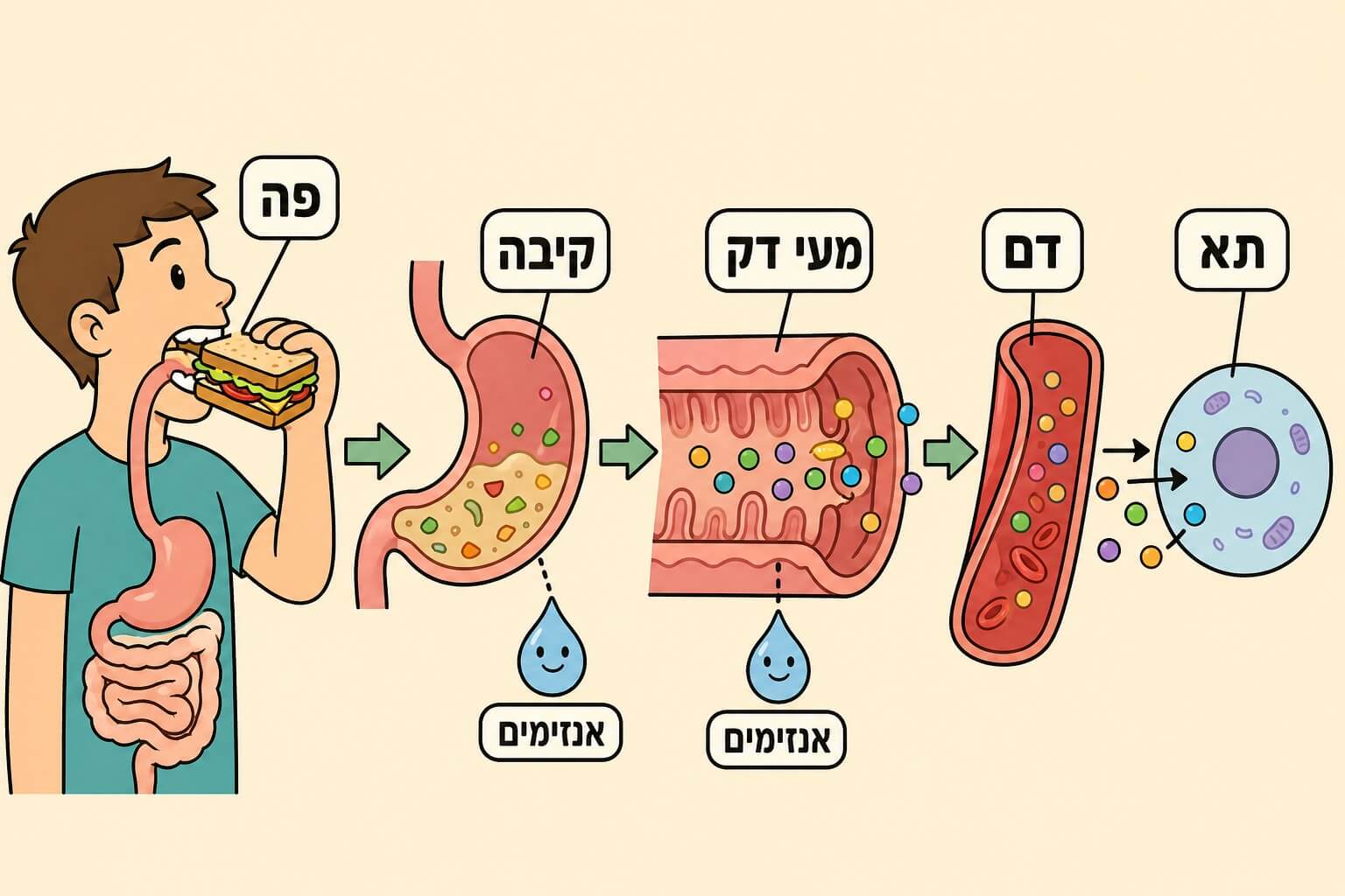 תמונה הממחישה את מסע המזון מהפה דרך המעי הדק ועד לתאי הגוף