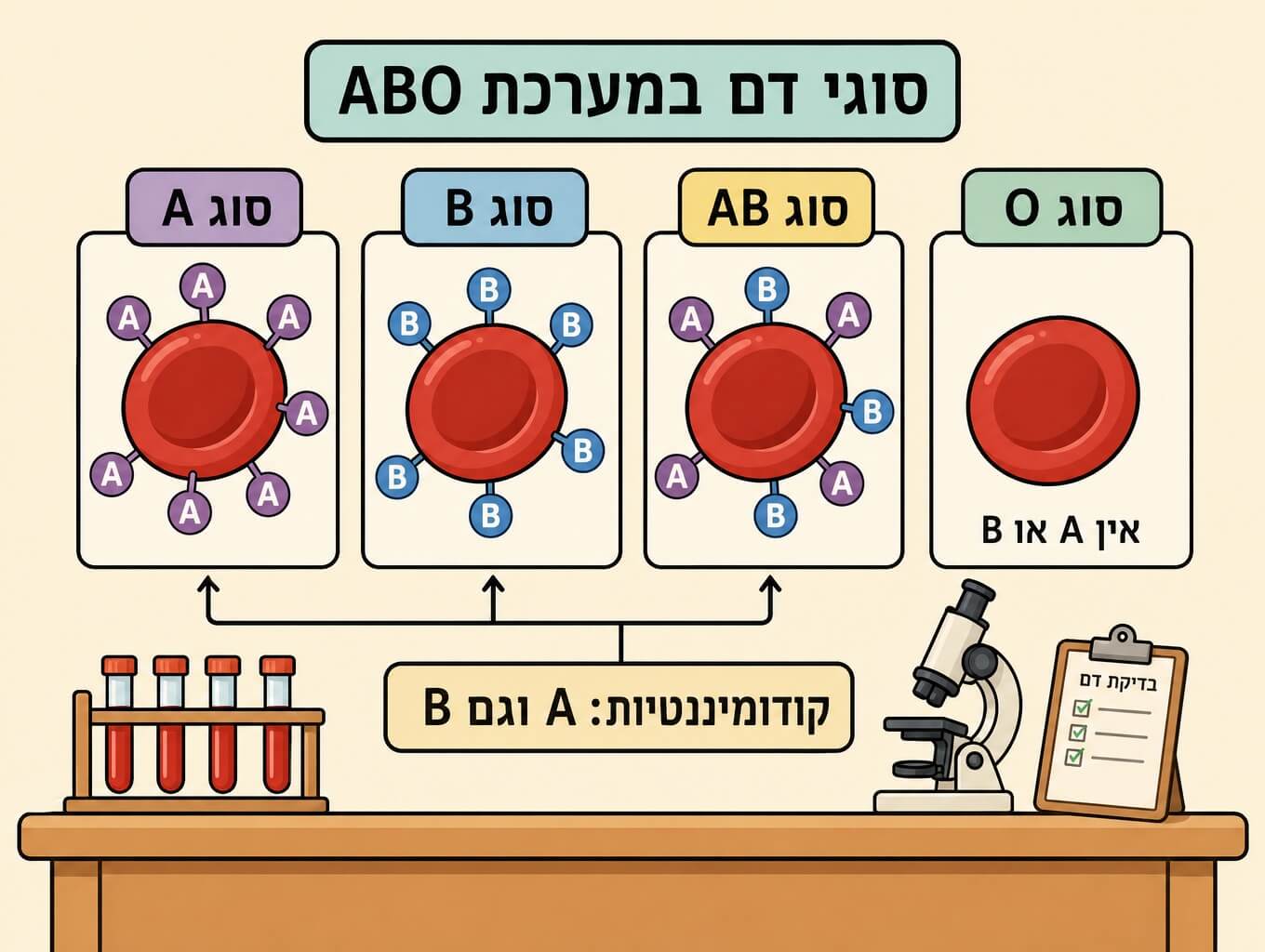 תמונה הממחישה את קודומיננטיות במערכת סוגי הדם ABO בעזרת סמנים על כדוריות דם