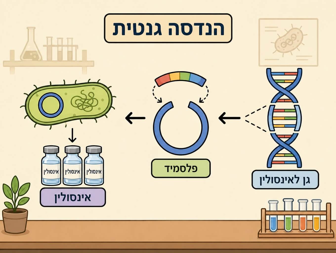 תמונה הממחישה את תהליך ההנדסה הגנטית שבו גן לאינסולין מוחדר לפלסמיד של חיידק