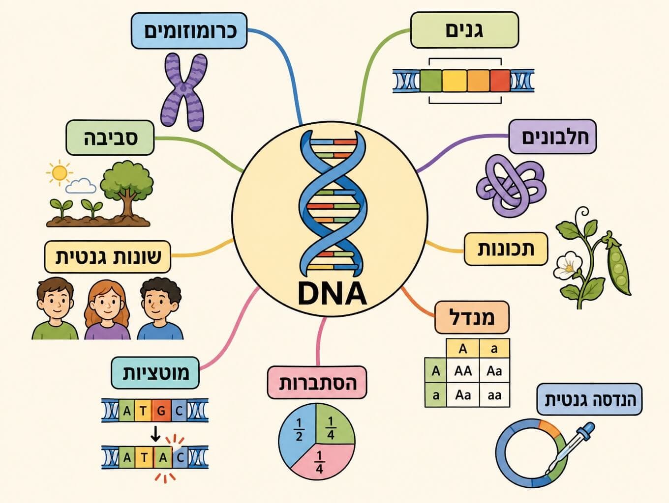 תמונה הממחישה את מפת המושגים המסכמת של פרק תורשה וגנטיקה