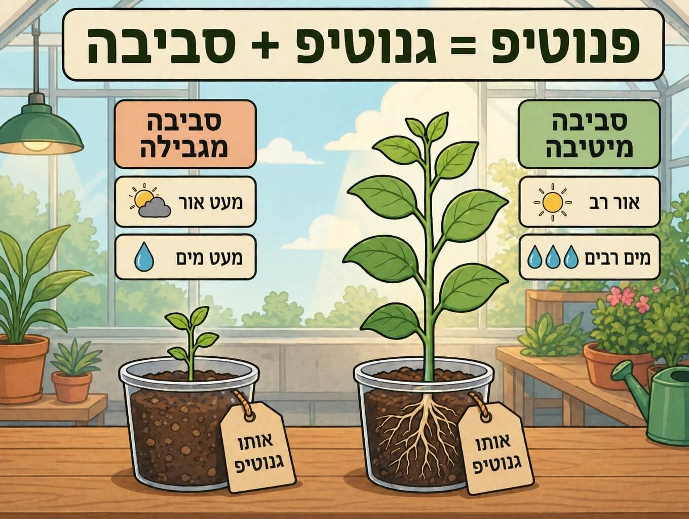תמונה הממחישה את השפעת הסביבה על פנוטיפ של צמחים בעלי אותו גנוטיפ