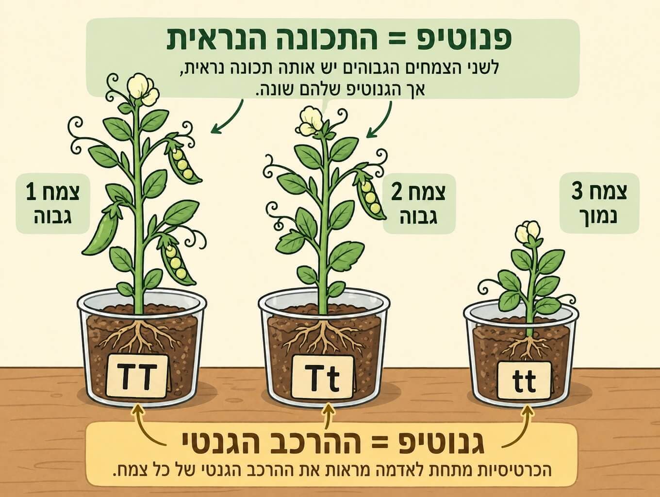 תמונה הממחישה את ההבדל בין גנוטיפ נסתר לפנוטיפ נראה בצמחי אפונה
