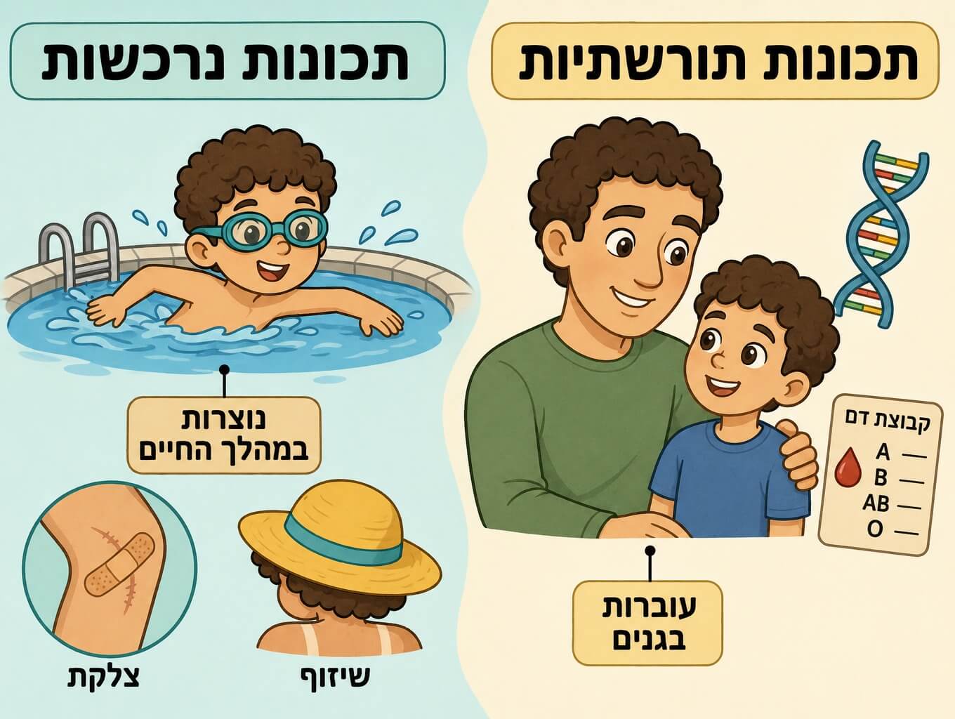 תמונה הממחישה את ההבדל בין תכונות תורשתיות לתכונות נרכשות