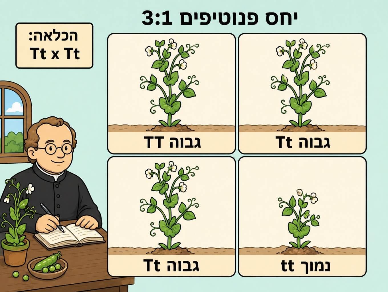 תמונה הממחישה את ניסוי האפונה של מנדל ואת יחס הצאצאים של 3 ל-1