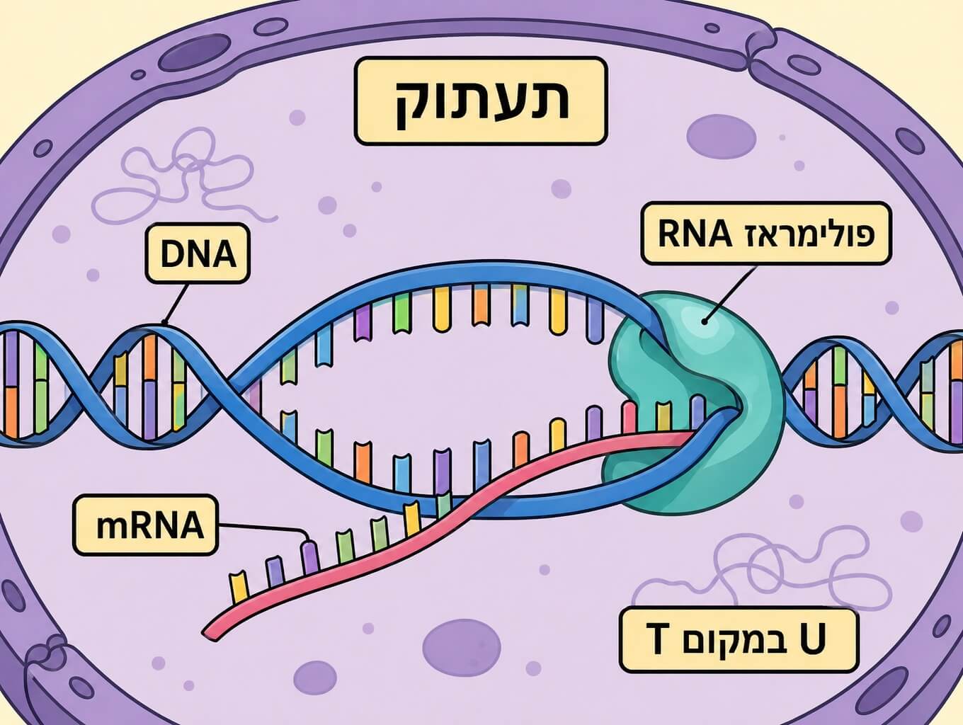 תמונה הממחישה את תהליך התעתוק שבו DNA מועתק ל-mRNA בגרעין התא