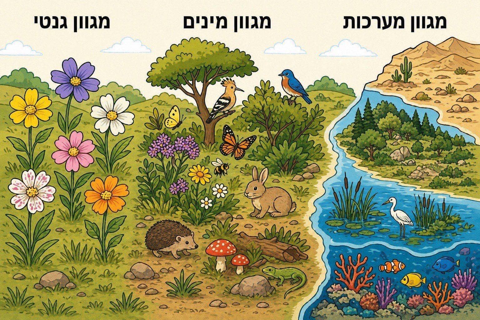 תמונה הממחישה את שלוש רמות המגוון הביולוגי בעזרת גנים מינים ומערכות