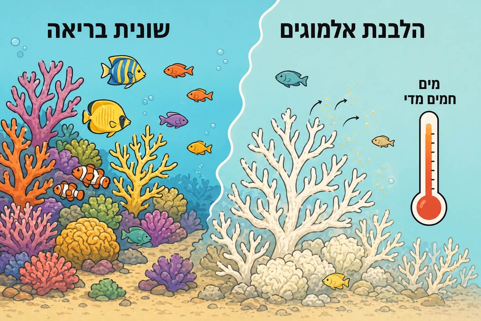 תמונה הממחישה את הלבנת האלמוגים בעקבות התחממות מי הים בשונית