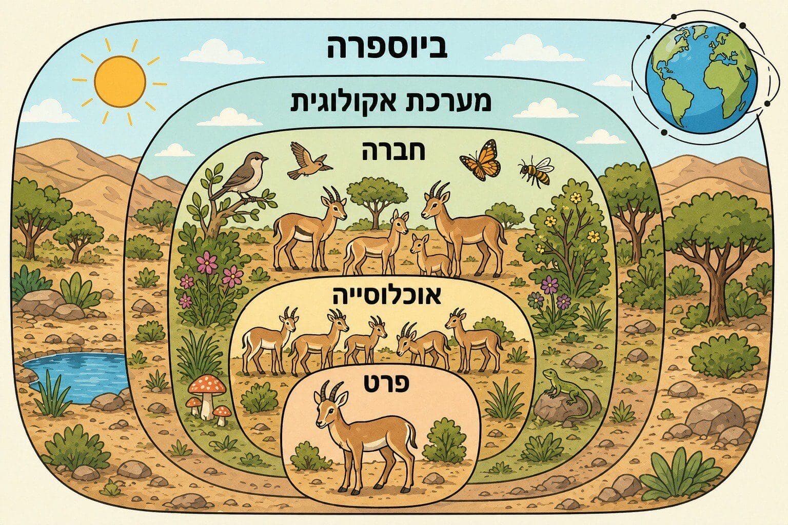 תמונה הממחישה את רמות הארגון במערכת אקולוגית מפרט ועד ביוספרה