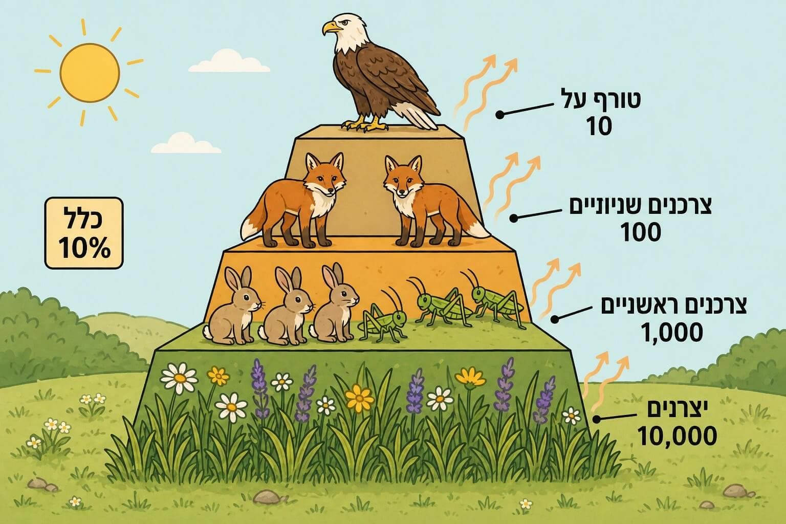תמונה הממחישה את פירמידת האנרגיה וכלל עשרת האחוזים בשרשרת מזון
