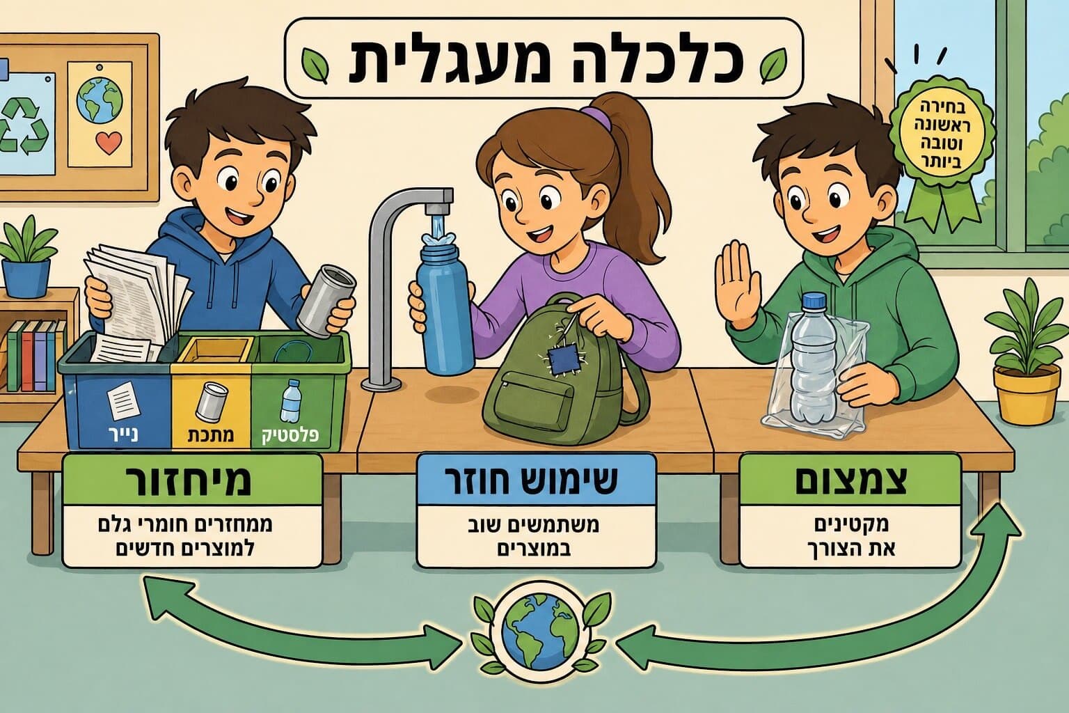 תמונה הממחישה את היררכיית הפסולת ואת רעיון הכלכלה המעגלית